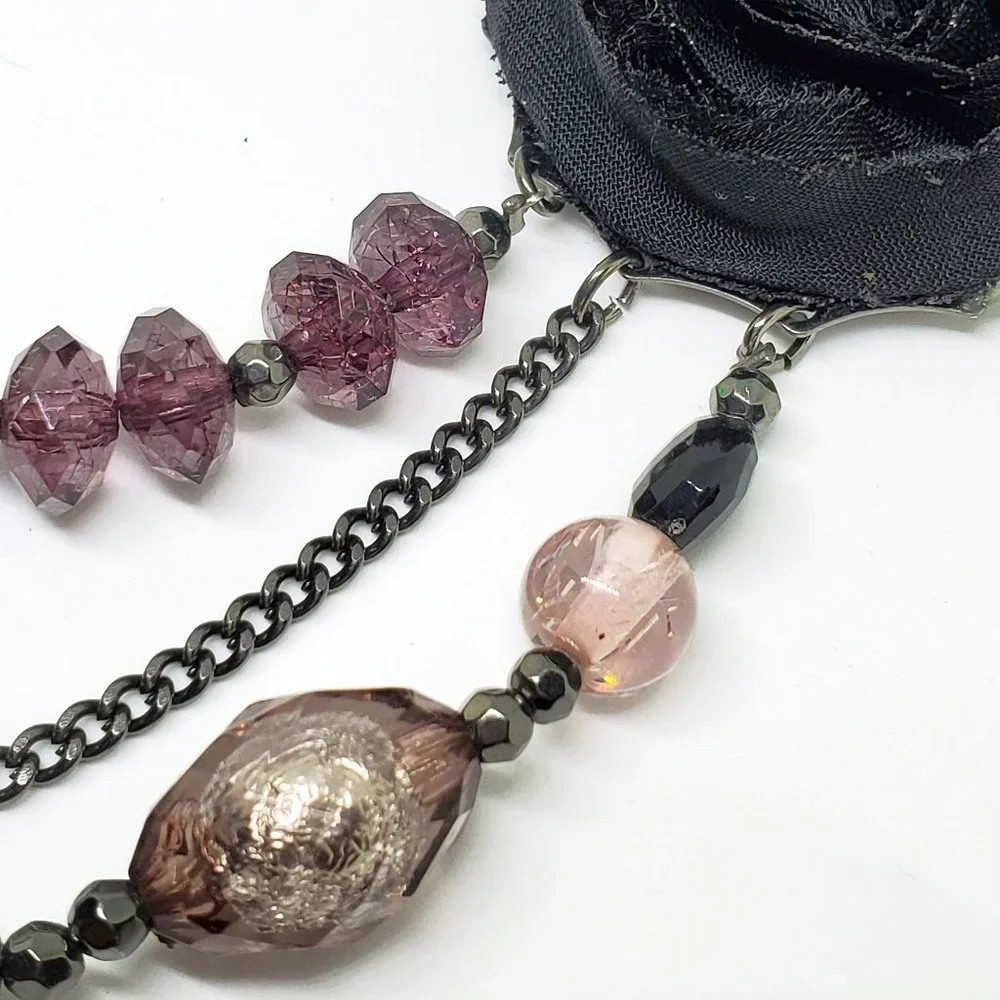 Black Organza Flower Purple Beaded Statement Triple Strand Statement Necklace